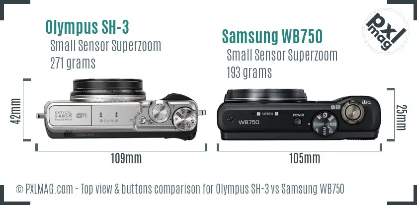 Olympus SH-3 vs Samsung WB750 top view buttons comparison