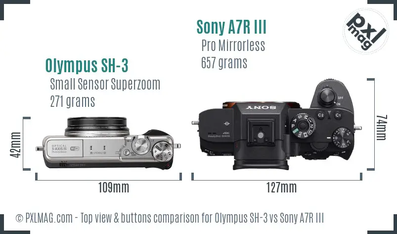 Olympus SH-3 vs Sony A7R III top view buttons comparison