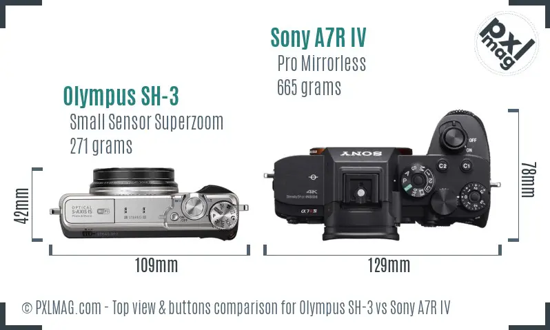 Olympus SH-3 vs Sony A7R IV top view buttons comparison