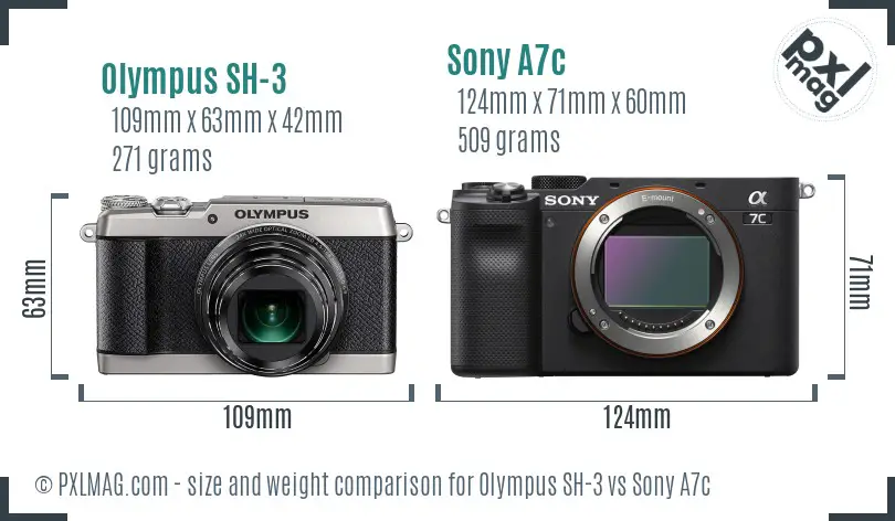Olympus SH-3 vs Sony A7c size comparison
