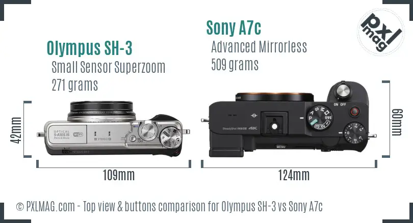 Olympus SH-3 vs Sony A7c top view buttons comparison