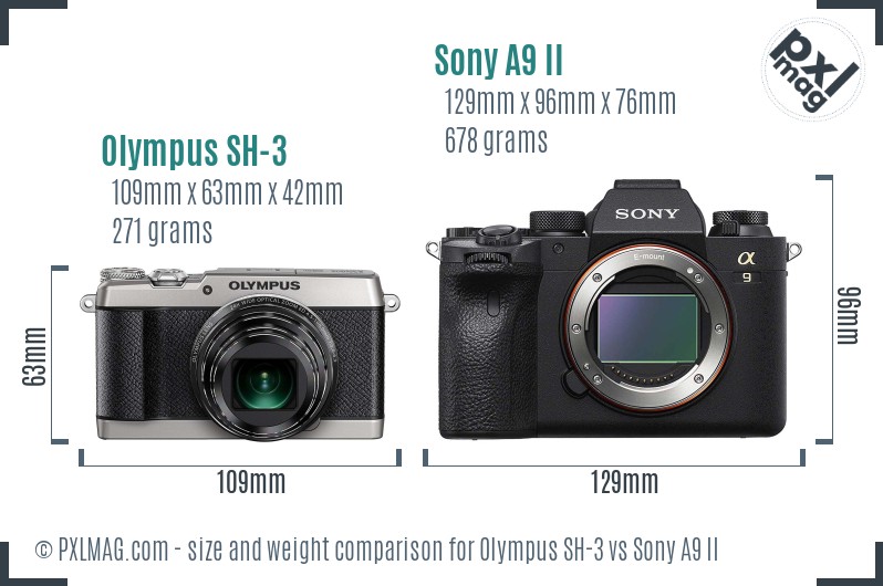 Olympus SH-3 vs Sony A9 II size comparison