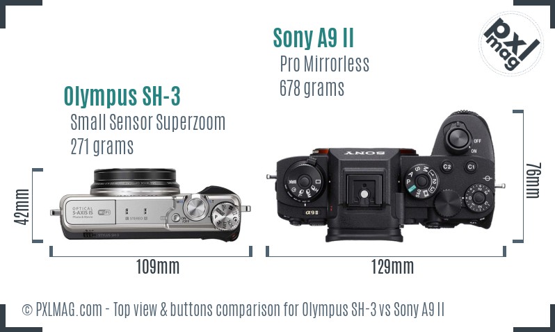 Olympus SH-3 vs Sony A9 II top view buttons comparison