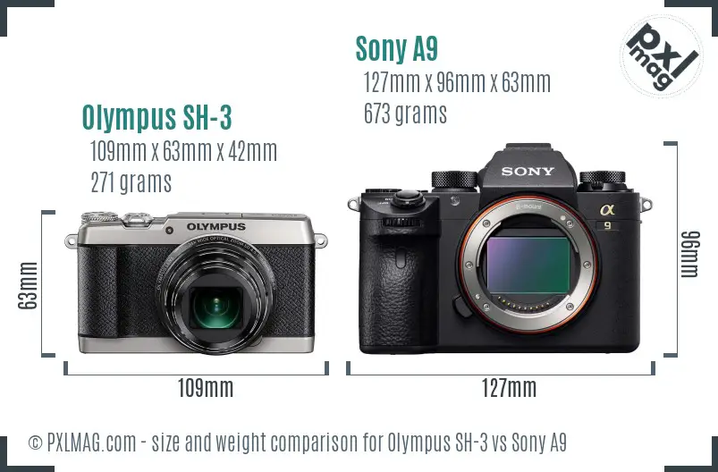 Olympus SH-3 vs Sony A9 size comparison