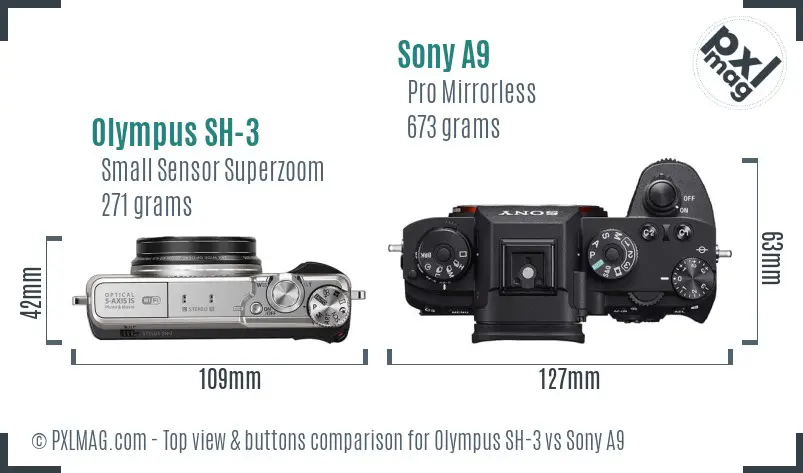 Olympus SH-3 vs Sony A9 top view buttons comparison