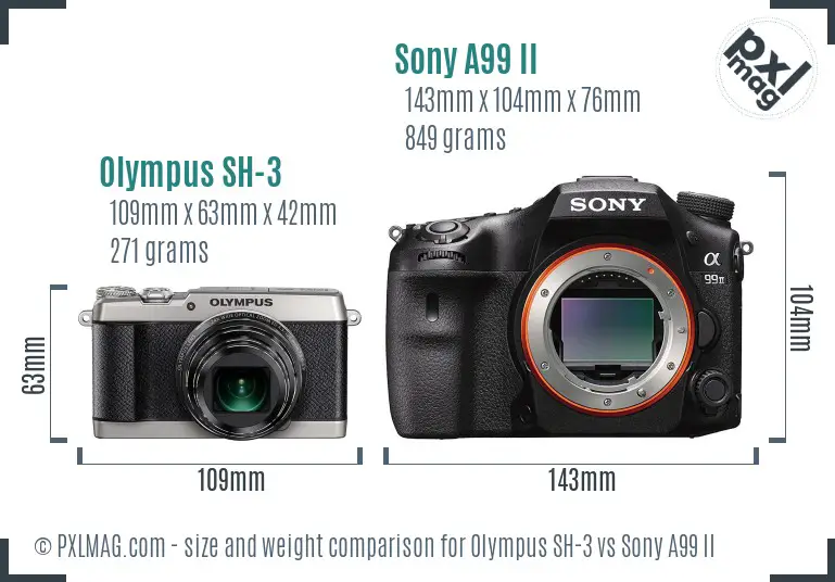 Olympus SH-3 vs Sony A99 II size comparison