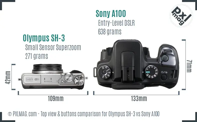 Olympus SH-3 vs Sony A100 top view buttons comparison