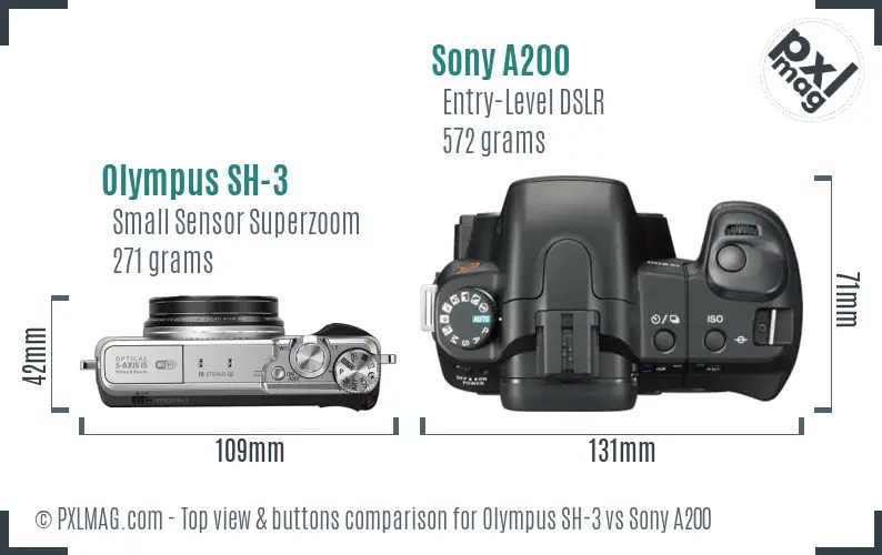 Olympus SH-3 vs Sony A200 top view buttons comparison