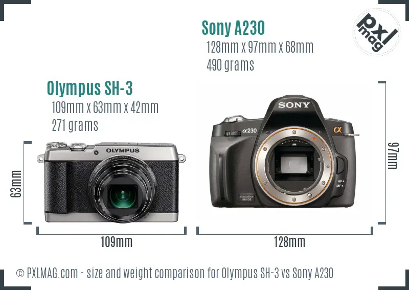 Olympus SH-3 vs Sony A230 size comparison