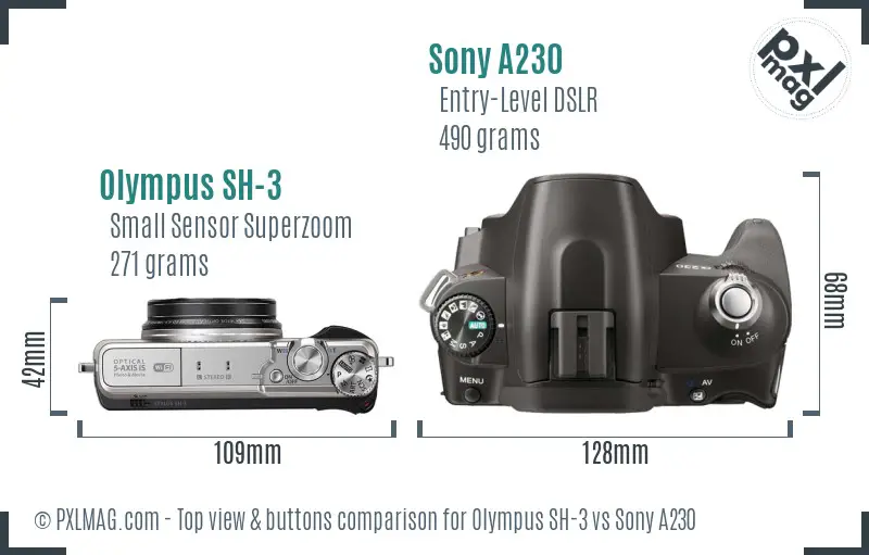 Olympus SH-3 vs Sony A230 top view buttons comparison