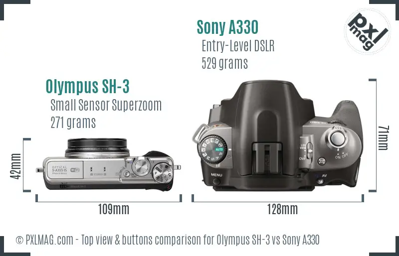 Olympus SH-3 vs Sony A330 top view buttons comparison