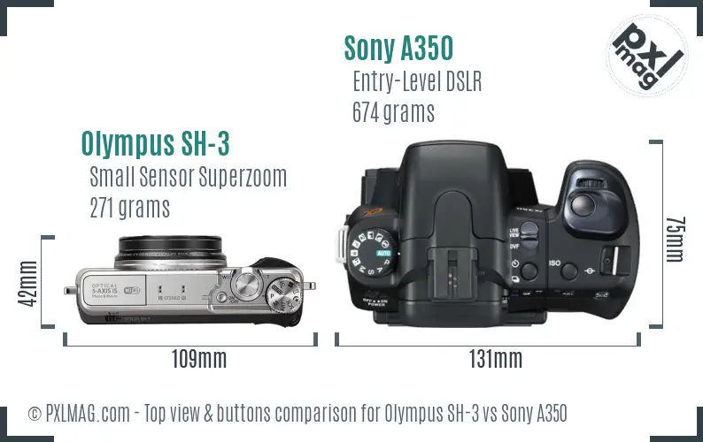 Olympus SH-3 vs Sony A350 top view buttons comparison