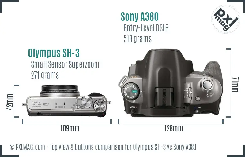 Olympus SH-3 vs Sony A380 top view buttons comparison