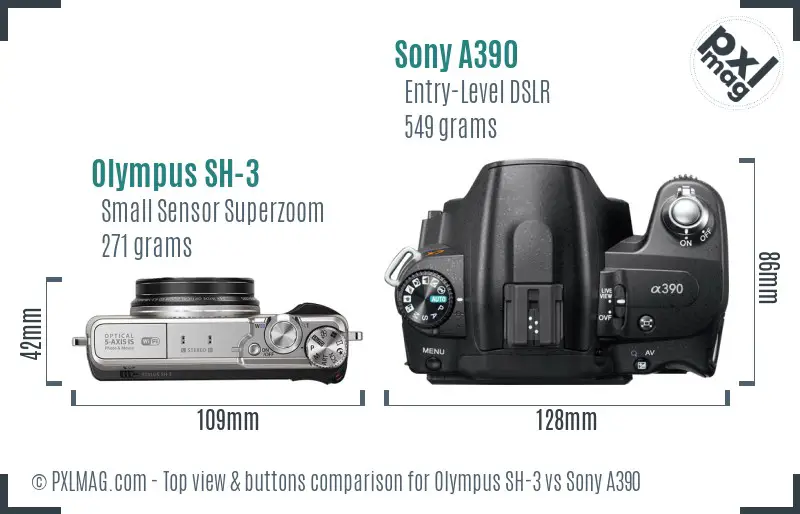 Olympus SH-3 vs Sony A390 top view buttons comparison