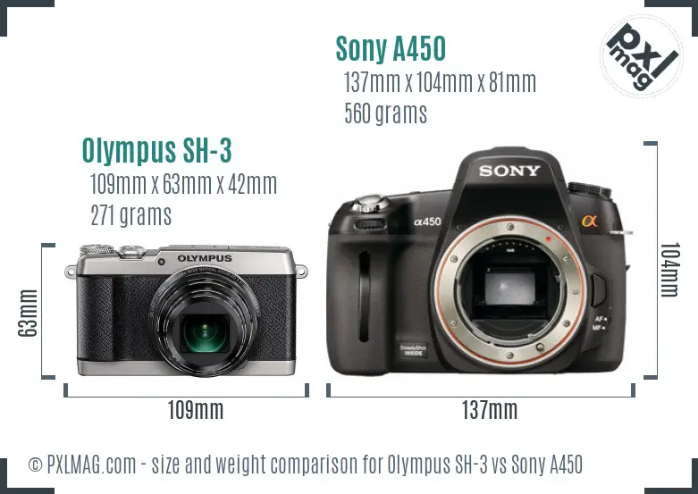 Olympus SH-3 vs Sony A450 size comparison