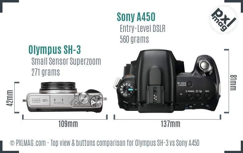 Olympus SH-3 vs Sony A450 top view buttons comparison