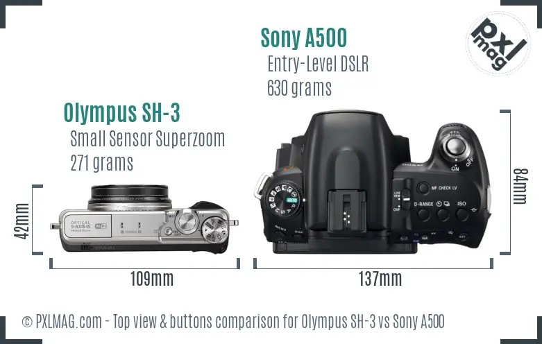 Olympus SH-3 vs Sony A500 top view buttons comparison