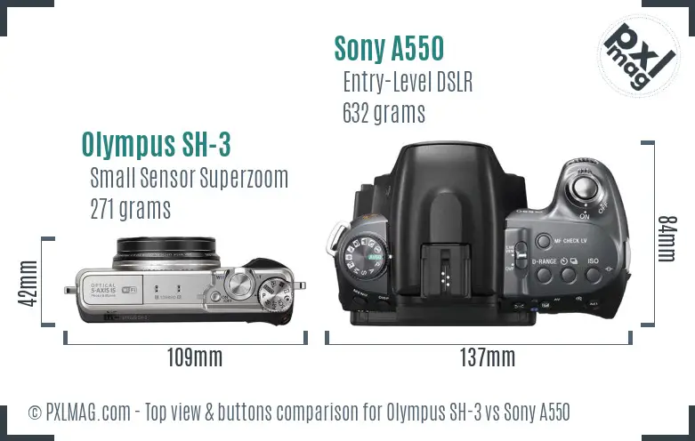 Olympus SH-3 vs Sony A550 top view buttons comparison