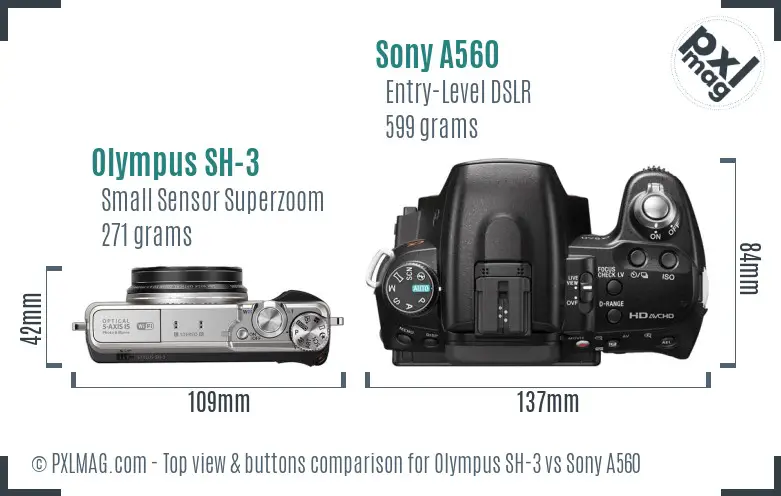 Olympus SH-3 vs Sony A560 top view buttons comparison