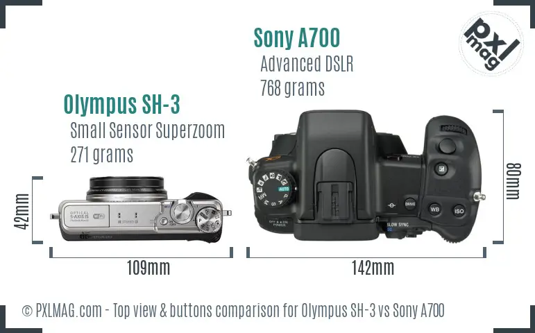 Olympus SH-3 vs Sony A700 top view buttons comparison