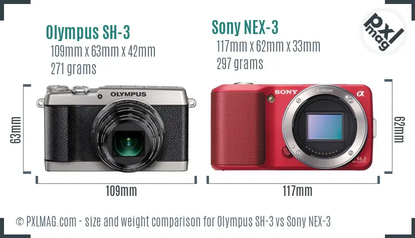 Olympus SH-3 vs Sony NEX-3 size comparison