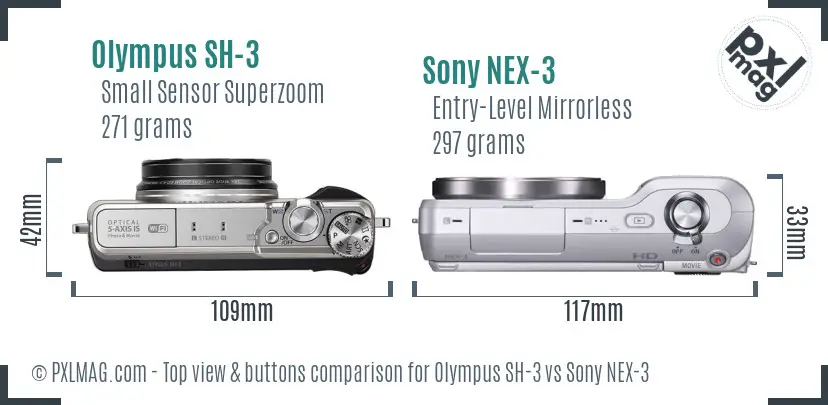 Olympus SH-3 vs Sony NEX-3 top view buttons comparison