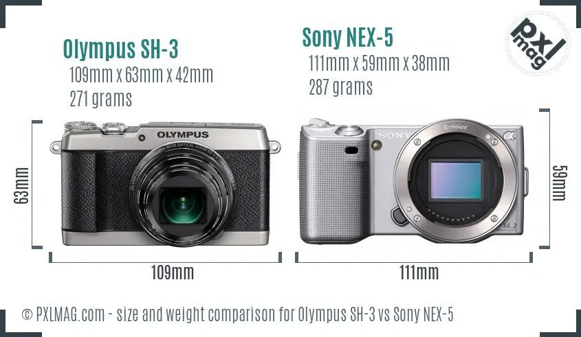 Olympus SH-3 vs Sony NEX-5 size comparison