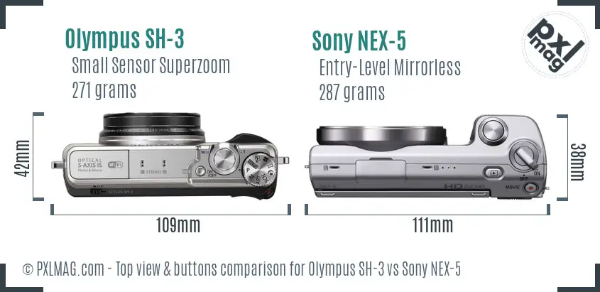 Olympus SH-3 vs Sony NEX-5 top view buttons comparison