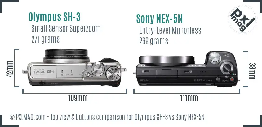 Olympus SH-3 vs Sony NEX-5N top view buttons comparison