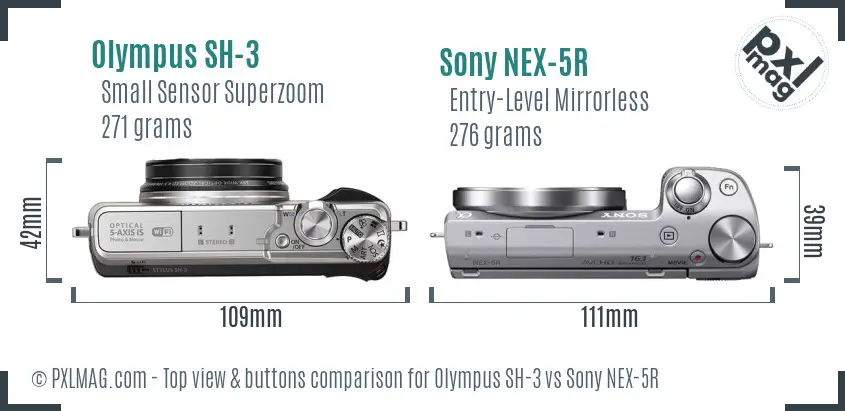 Olympus SH-3 vs Sony NEX-5R top view buttons comparison