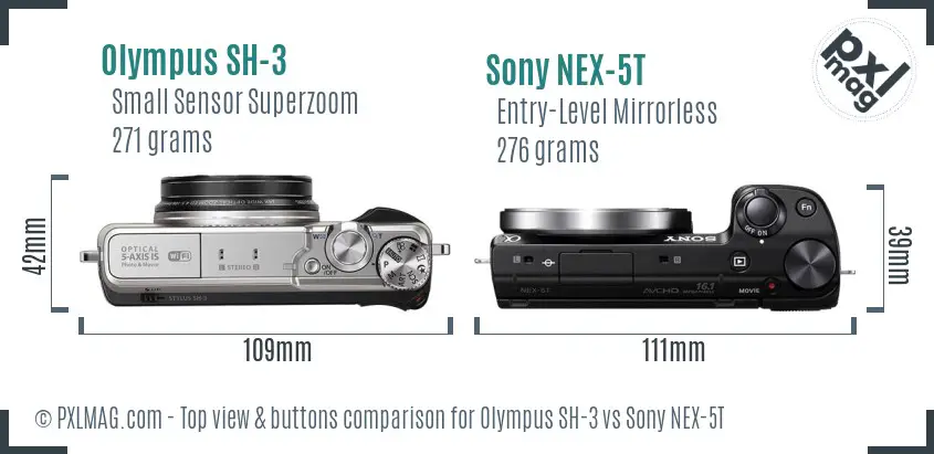 Olympus SH-3 vs Sony NEX-5T top view buttons comparison