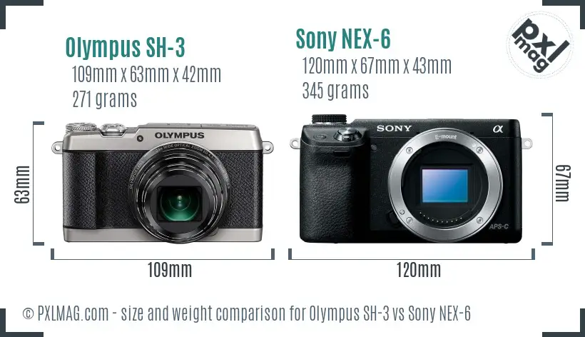 Olympus SH-3 vs Sony NEX-6 size comparison