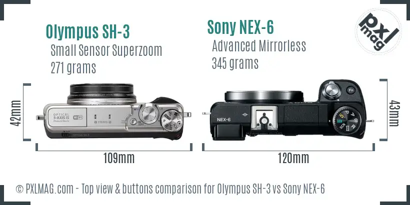 Olympus SH-3 vs Sony NEX-6 top view buttons comparison