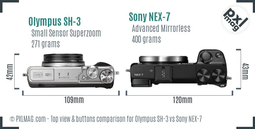 Olympus SH-3 vs Sony NEX-7 top view buttons comparison