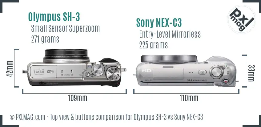 Olympus SH-3 vs Sony NEX-C3 top view buttons comparison