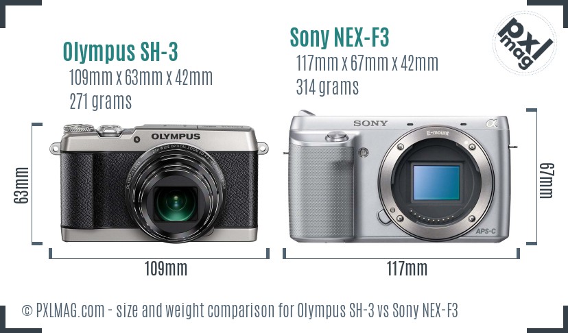 Olympus SH-3 vs Sony NEX-F3 size comparison