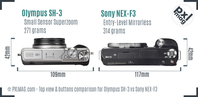 Olympus SH-3 vs Sony NEX-F3 top view buttons comparison