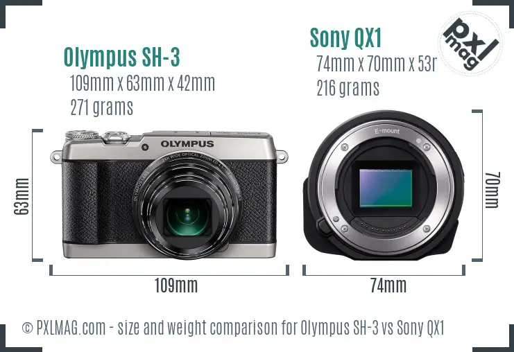 Olympus SH-3 vs Sony QX1 size comparison