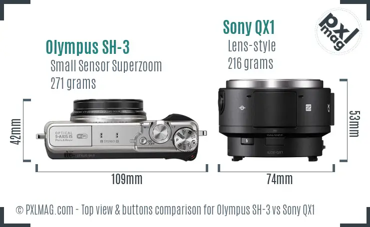 Olympus SH-3 vs Sony QX1 top view buttons comparison