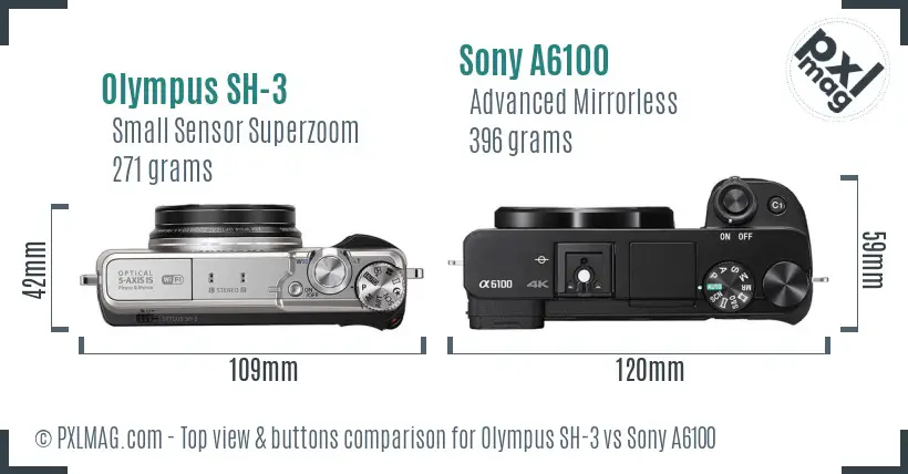 Olympus SH-3 vs Sony A6100 top view buttons comparison Olympus SH-3 vs Sony A6100 top view buttons comparison