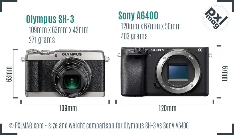 Olympus SH-3 vs Sony A6400 size comparison