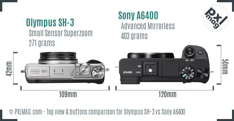 Olympus SH-3 vs Sony A6400 top view buttons comparison