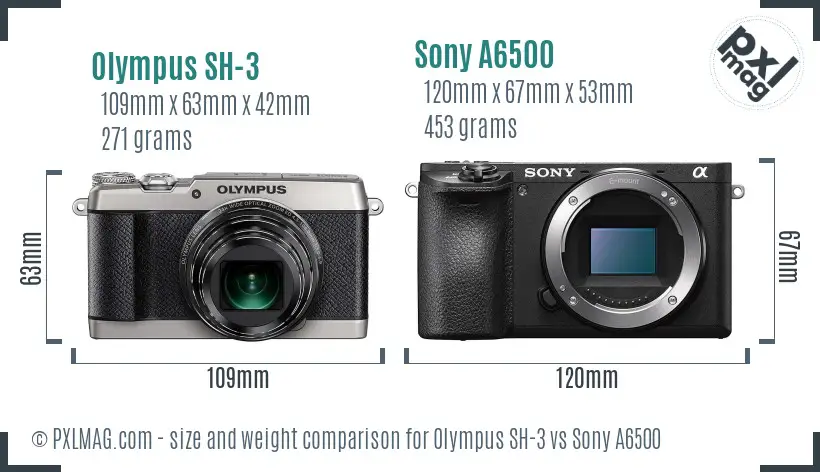 Olympus SH-3 vs Sony A6500 size comparison