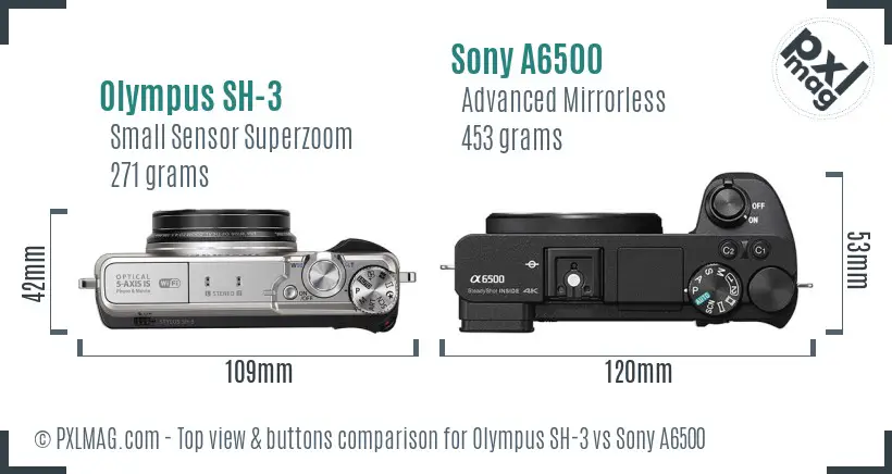 Olympus SH-3 vs Sony A6500 top view buttons comparison