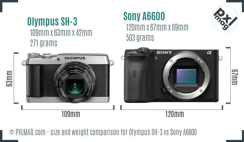 Olympus SH-3 vs Sony A6600 size comparison