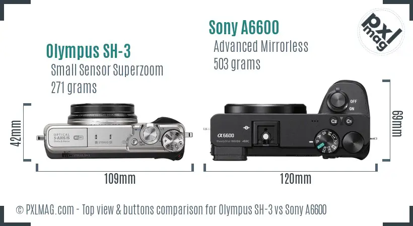 Olympus SH-3 vs Sony A6600 top view buttons comparison