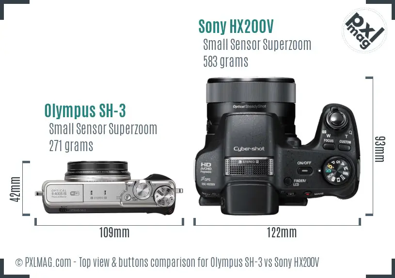Olympus SH-3 vs Sony HX200V top view buttons comparison