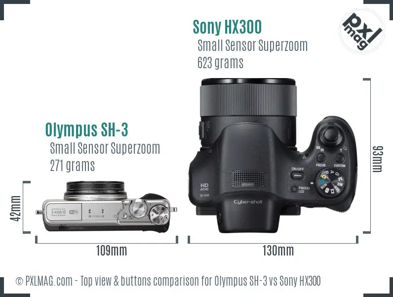 Olympus SH-3 vs Sony HX300 top view buttons comparison