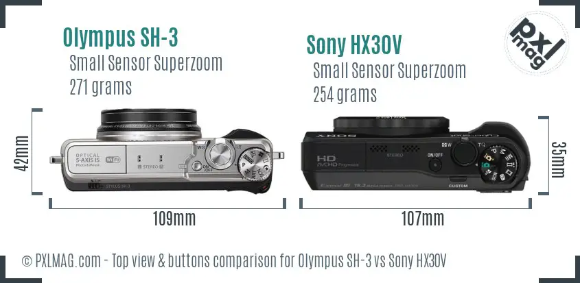 Olympus SH-3 vs Sony HX30V top view buttons comparison