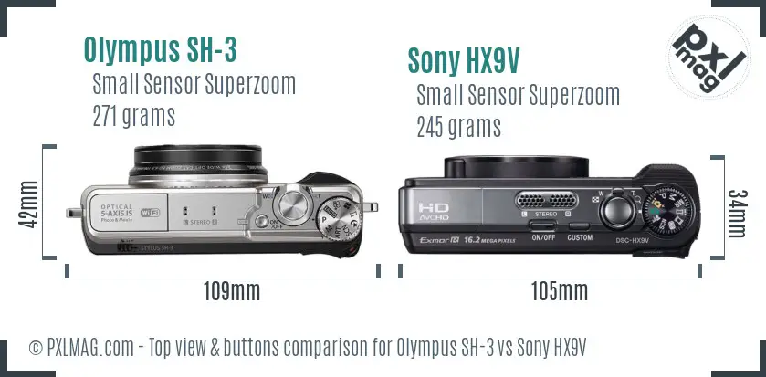 Olympus SH-3 vs Sony HX9V top view buttons comparison